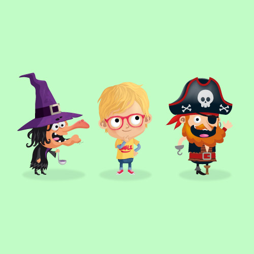 illustration jeunesse de personnages pirate, enfant et sorcière