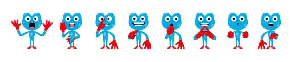 la mascotte grenouille bleue du livre Apili aide à apprendre les sons de la bouche et l'articulation
