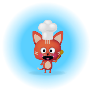 illustration cartoon de chat cuisinier qui figure sur des objet déco et du materiel de cuisine