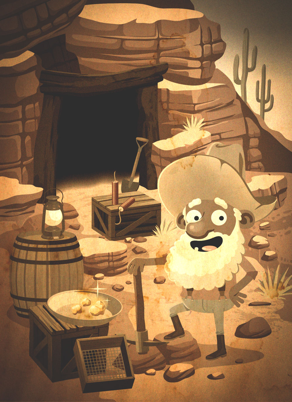 illustration du jeu pour enfant unlock kids 2, un chercheur d'or devant sa mine