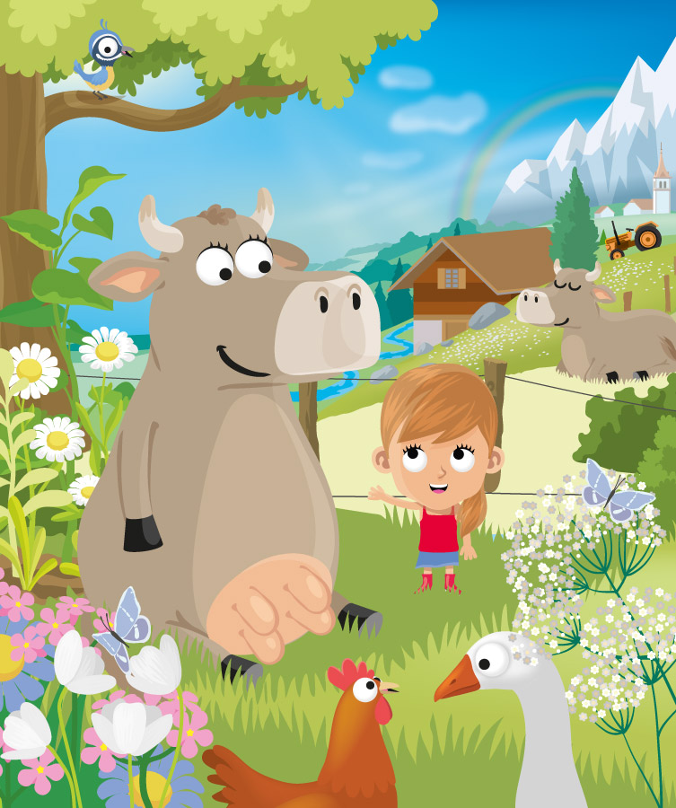 dessin d'illustrateur jeunesse d'une vache dans son pré et d'animaux de la ferme