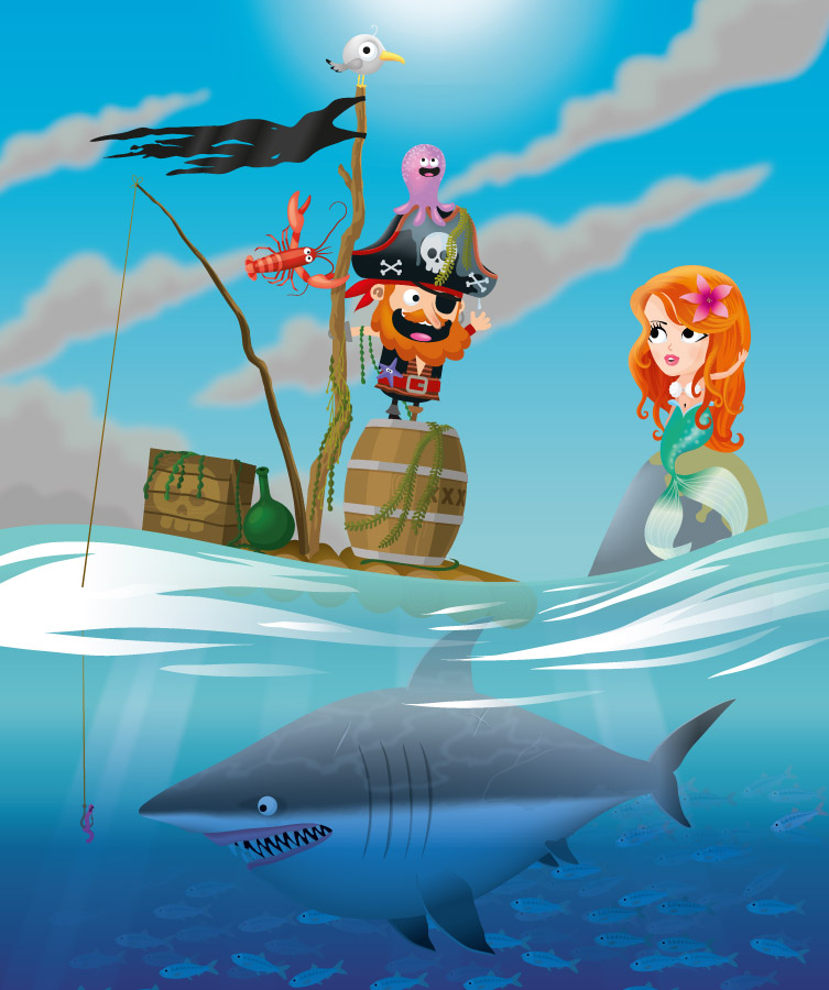 portfolio d'illustrateur jeunesse, illustration pour enfant d'un pirate sur son radeau qui rencontre une sirène et un requin