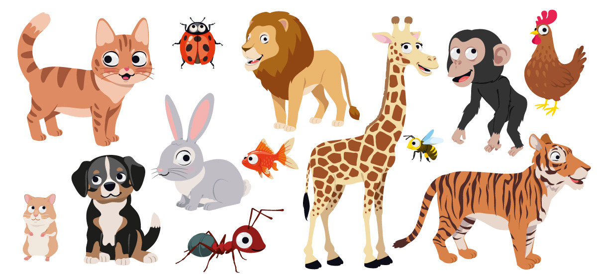 illustration jeunesse d'animaux mignons : chat, chiot, tigre, lion