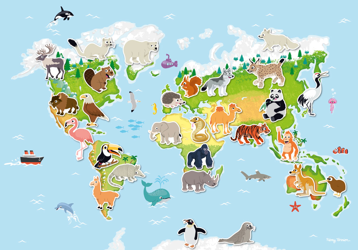 illustration jeunesse d'un atlas présentant des animaux du monde