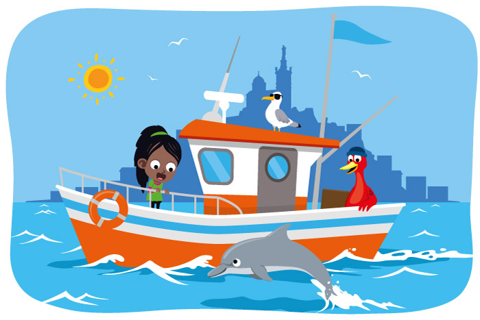 illustration jeunesse humoristique d'une fille sur un bateau de pêcheur à Marseille regardant un dauphin