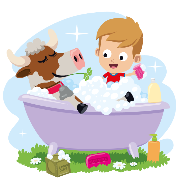 illustration jeunesse d'une vache prenant son bain dans un pré