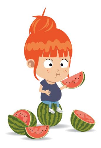 illustration jeunesse humoristique d'une fille qui mange des pastèques