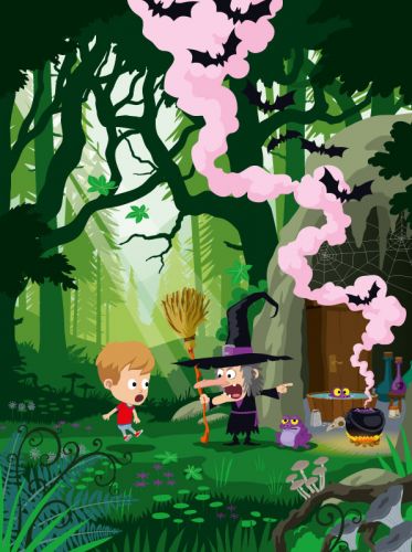 illustration jeunesse d'une sorcière dans la forêt