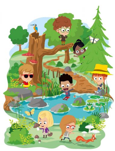 illustration jeunesse représentant des enfants en train de jouer dans la nature