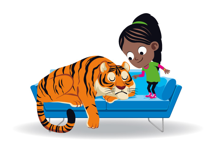 illustration jeunesse d'une petite fille et d'un tigre en train de dormir