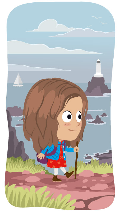 illustration pour enfant de manuel scolaire, une fille randonne au bord de la mer