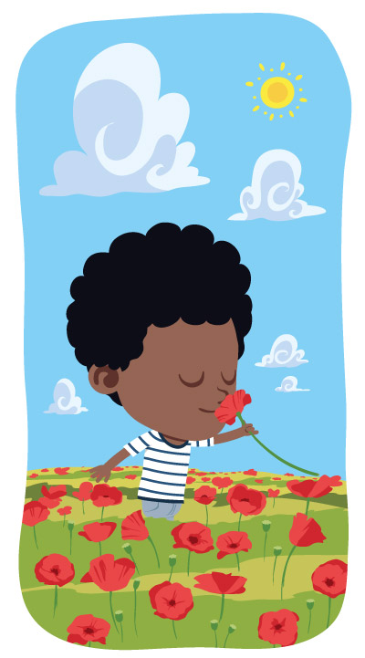 illustration pour enfant de manuel scolaire, un garçon sent une fleur